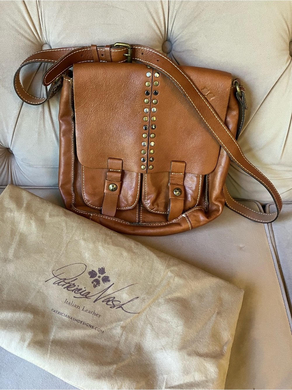 Patricia Nash ARMENO Brown Cognac Leather Messenger Bag with Stud Accents